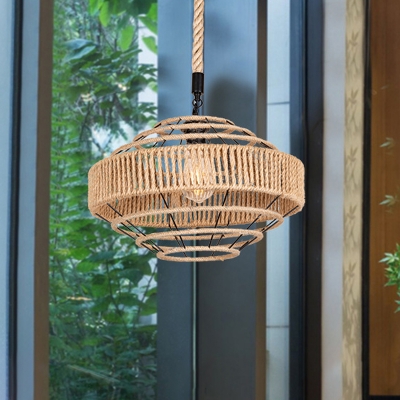 1 Bulb Roped Pendulum Light Rustic Brown Gyro-Like Dining Hall Ceiling Hang Light