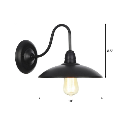 1 Head Wall Mount Lighting Fixture Industrial Bowl Shade Iron Wall Lamp with Scrolled/Gooseneck/Curved Arm in Black