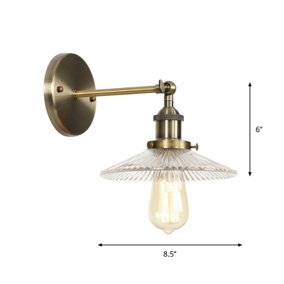 1-Light Cone/Bowl Wall Lighting Warehouse Brass Clear/Clear Ribbed Glass Wall Mounted Reading Lamp with Adjustable Joint