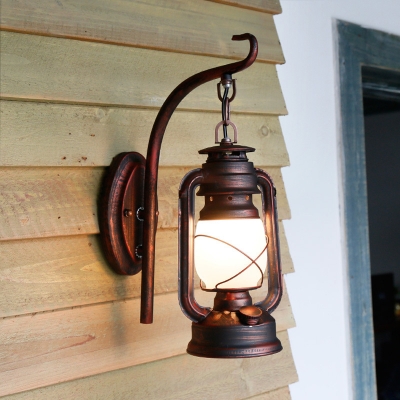 1-Light Milk Glass Wall Hanging Light Country Bronze/Copper Kerosene Foyer Wall Mount Lamp
