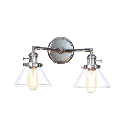 2 Heads Clear Glass Wall Light Fixture Loft Chrome Linear/Wavy Arm Bathroom Wall Mount Lamp with Conical/Spherical Shade