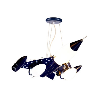 3 Bulbs Bedroom Pendant Light Kids Dark Blue Chandelier with Aircraft Frosted Glass Shade