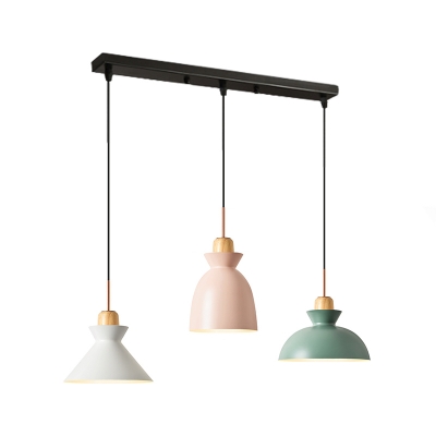 Black/Pink Shaded Cluster Pendant Macaron 3 Lights Metal Round/Linear-Canopy Suspension Lighting with Wood Cork