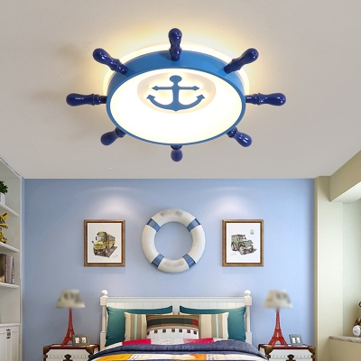 Blue Nautical Rudder Flush Mount Kids Acrylic LED Close to Ceiling Light for Children Bedroom