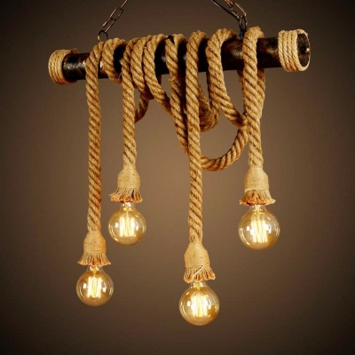 Brown 4/6-Bulbs Island Light Country Style Hemp Rope Linear Hanging Lamp with Exposed Bulb Design