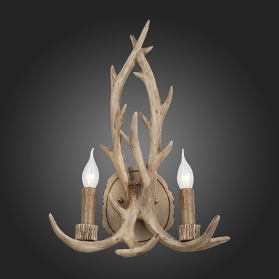 Candle Style Resin Wall Lamp 2-Light Living Room Sconce Lighting with Decorative Antler in Grey/Brown/Coffee