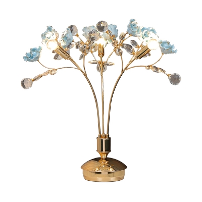 Ceramic Flower Table Light Contemporary 3 Lights Blue Nightstand Lamp with Metal Branch Design