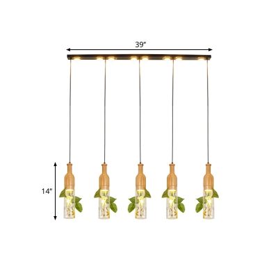 Clear Glass Wine Bottle Multi-Pendant Nordic 3/5 Heads Bistro Hanging Light Kit with Round/Linear Canopy in Black