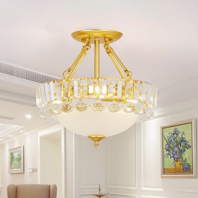 Crystal and Frosted Glass Bowl Ceiling Lamp Simple 3 Lights Semi Mount Lighting in Gold for Living Room