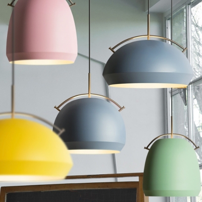 Dome/Cloche Arch-Handled Ceiling Hang Light Macaron Aluminum Single Living Room Drop Pendant in Pink/Blue/Yellow