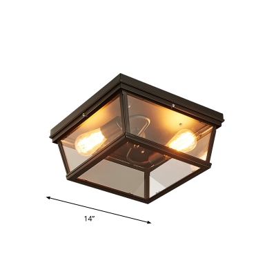Industrial Box Shaped Ceiling Lamp 2 Lights Transparent Glass Flush Mount Lighting in Black