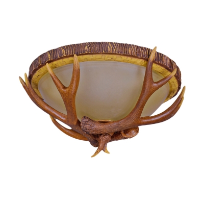 Resin Brown Flush Light Antler 3-Bulb Rustic Ceiling Mount Lamp with Dome Frosted Glass Shade
