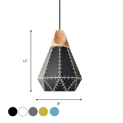 Riveted Diamond Shaped Pendant Lamp Macaron Metal 1 Head Black/Grey/Yellow Down Lighting with Wood Accent