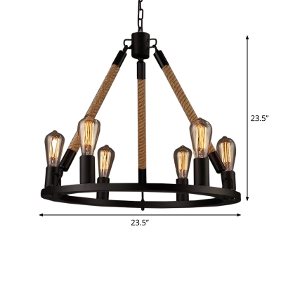 6/8-Head Circular Pendant Lighting Lodge Black Roped Ceiling Chandelier with Rope Cord
