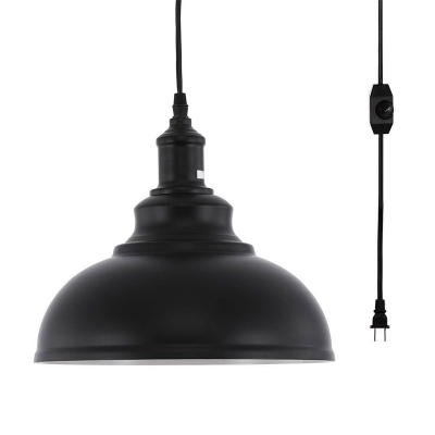 Bowl Shade Dining Room Pendant Lamp Industrial Metallic 1-Light Black Ceiling Hang Light with Plug-in Cord