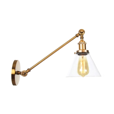 Brass Fishing Rod Rotatable Wall Lamp Factory Clear Glass 1 Bulb Bedside Wall Light Fixture with Cone/Globe Shade