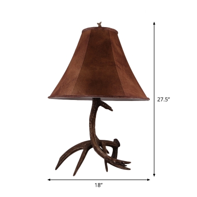 Fabric Paneled Bell Table Lamp Rustic 1 Bulb Bedside Antler Night Light in Brown