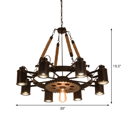 Factory Wheel Style Adjustable Chandelier 8-Bulb Iron Suspension Pendant Light in Black/Rust with Hemp Rope