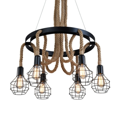 Industrial Circle Pendant Lighting 6 Lights Natural Rope Chandelier Light Fixture in Brown with Cage