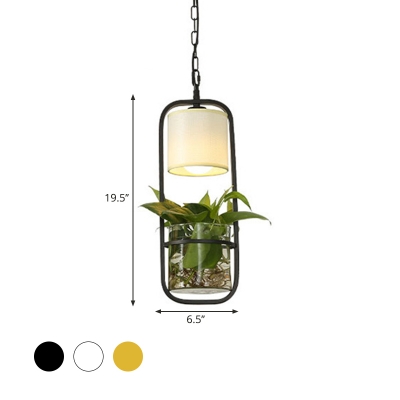 Iron LED Pendant Light Nordic Black/Gold Rectangle Dining Room Suspension Lamp with Fabric Shade and Plant Pot, Warm/White Light