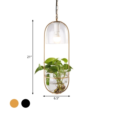 Metallic Oval Pendant Light Fixture Farmhouse 1 Head Bedroom Ceiling Hang Light in Black/Gold with Plant Container