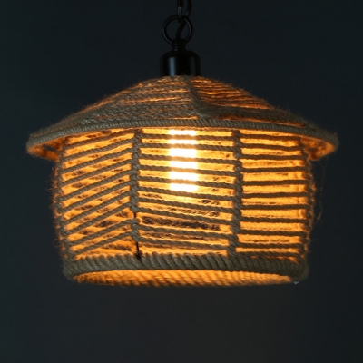 Wood Scalloped/House Hanging Light Cottage Hand-Wrapped Rope 1 Bulb Restaurant Drop Pendant