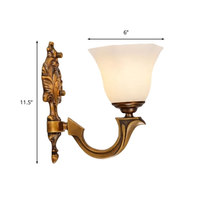 1-Light Frosted Glass Wall Light Sconce Retro Brass Paneled Bell Wall Mounted Lamp with Curvy Arm