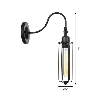 1-Light Gooseneck Rotatable Wall Lighting Industrial Black Iron Reading Wall Lamp with Cylinder/Capsule Cage