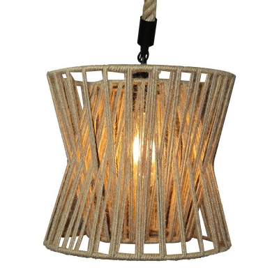 1-Light Pendant Light Fixture Country Style Cafe Drop Lamp with Drum Hemp Rope Shade in Brown