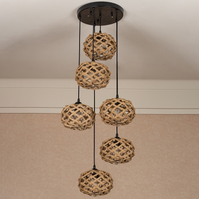 3/6 Heads Round/Linear Drop Pendant Country Style Brown Roped Multi Hanging Light Fixture with Ellipsoid Shade