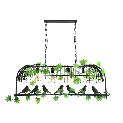 4 Lights Bird Cage Island Pendant Farmhouse Black/Bronze Iron Hanging Lamp Kit with Vine and Bird Decor