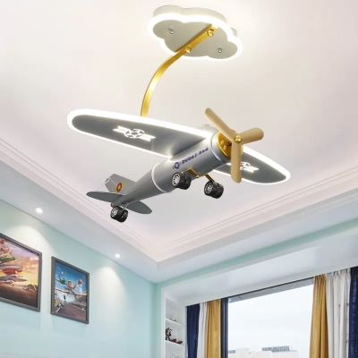 Aircraft Ceiling Flush Mount Cartoon Metallic LED Silver Semi Flush Light for Playing Room