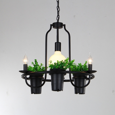 Black 1/2-Layer Pot Plant Chandelier Vintage Metal 4/7 Lights Dining Room Hanging Light Fixture, 19.5