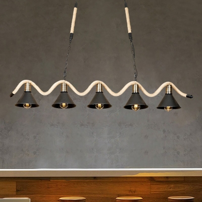Black Cone Hanging Island Light Country Metal 5 Lights Dining Room Ceiling Suspension Lamp with Wavy Roped Arm
