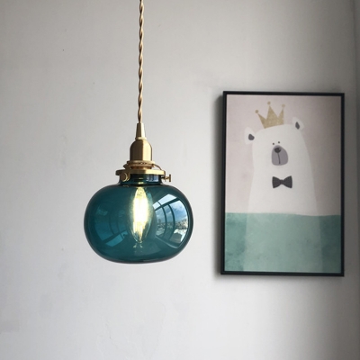 Brass Single Pendant Light Fixture Retro Green/Blackish Green/Clear Glass Pumpkin Shaped Small Hanging Lamp