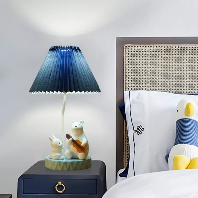 Conical Bedside Table Lighting Pleated Fabric 1-Light Cartoon Nightstand Lamp with Bear and Rabbit Deco in Blue