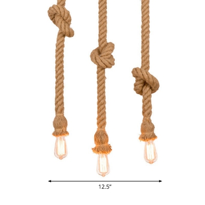 Dangling Rope Brown Cluster Pendant Light Exposed 3-Head Rural Hanging Light Fixture, 39