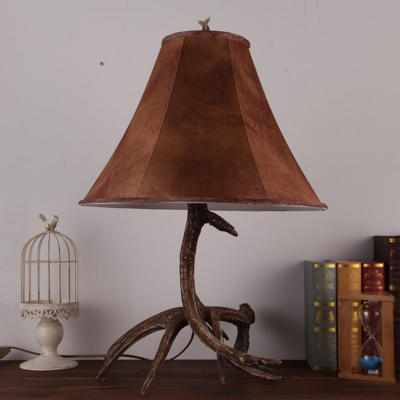 Fabric Paneled Bell Table Lamp Rustic 1 Bulb Bedside Antler Night Light in Brown