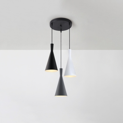 Nordic 3 Lights Cluster Pendant Black-Grey-White Funnel Hanging Light Fixture with Metal Shade and Round/Linear Canopy