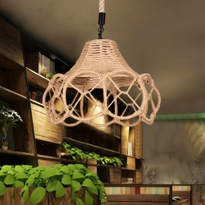 Roped Cross-Weave Flower Drop Lamp Country Style 1 Head Cafe Ceiling Pendant Light in Brown