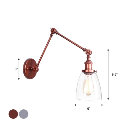 Rust/Chrome 1-Light Task Wall Lamp Industrial Clear Glass Sphere/Bell/Cone Rotating Wall Mount Lighting Fixture