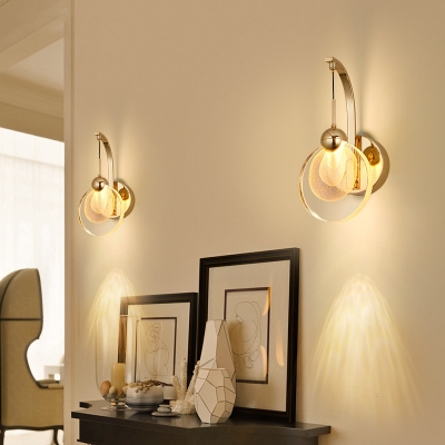 Simple Round Wall Light Sconce Modernity LED Bedroom Wall Lighting Ideas in Gold with Metal Curved Arm