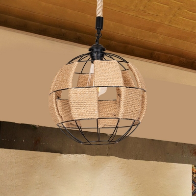 Spherical Corridor Hanging Light Fixture Rural Roped Single Brown Down Lighting Pendant
