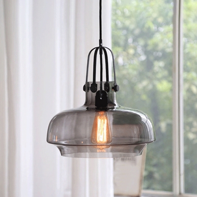 1 Bulb Hanging Light Fixture Loft Pot Shaped Clear/Smokey Glass Ceiling Pendant in Black, 7