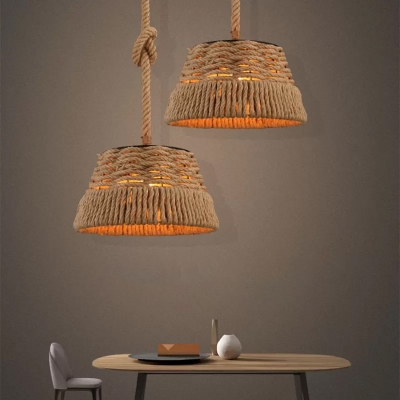 1-Light Hanging Lamp Kit Lodge Bistro Commercial Pendant Lighting with Truncated Cone Rope Shade in Brown