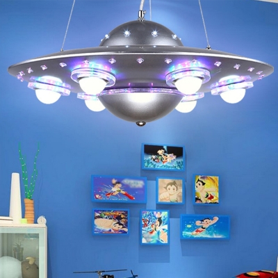 Alien UFO Pendant Lighting Kids Metallic Silver/Dark Blue LED Chandelier Lamp for Boys Bedroom