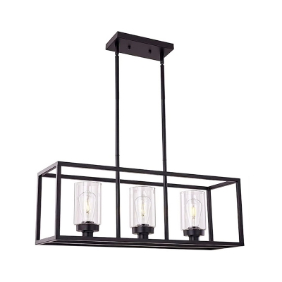 Black Rectangular Island Light Loft Metal 3/5-Light Dining Room Up/Down Pendant Lighting with Cylinder Clear Glass Shade