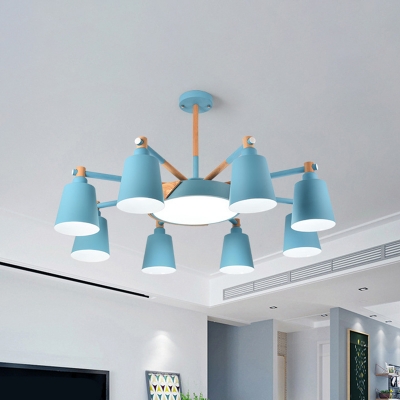 Horn Shade Iron Chandelier Lamp Macaron 3/5/8-Head Green/White/Blue Suspended Lighting Fixture with Wood Accent