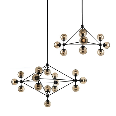 Industrial Pyramid Ceiling Chandelier 10/15 Bulbs Tan Ball Glass Suspension Pendant Light in Black