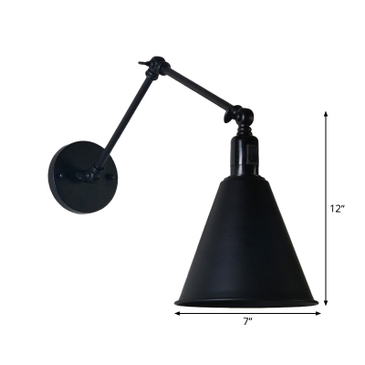 Matte Black 1-Bulb Wall Lighting Industrial Iron Conical Shade Swing Arm Wall Mounted Reading Lamp